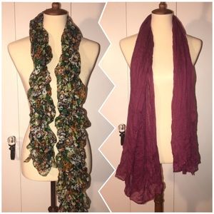 Bundle of two scarves. Green floral scrunched scarf and dark pink/ mauve scarf